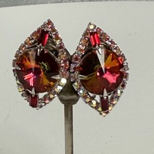 Vintage Juliana rivoli fiery red watermelon AB rhinestone Teardrop clip Earrings